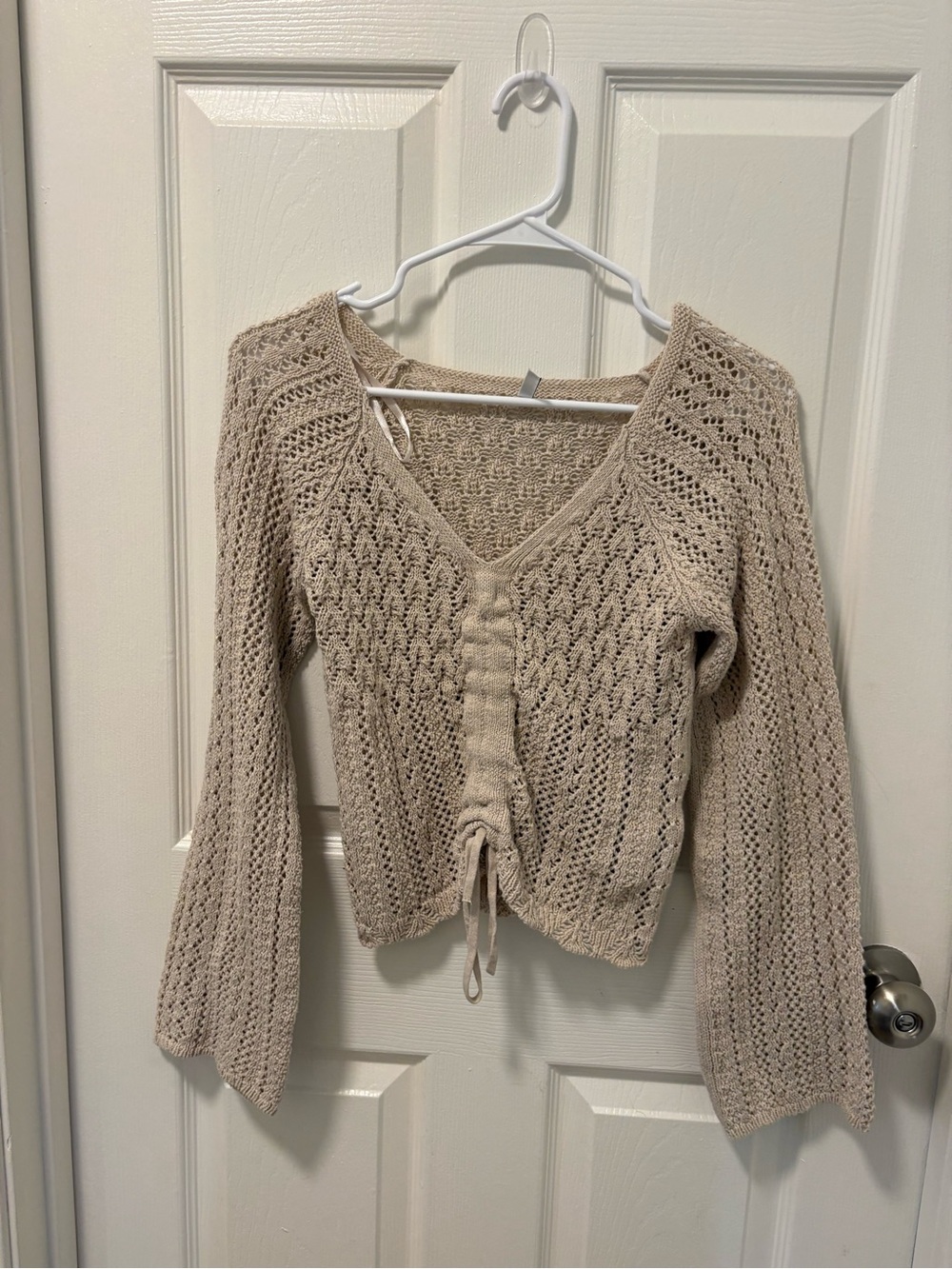ONLY Beige V-Neck Drawstring Openwork Knit Sweater